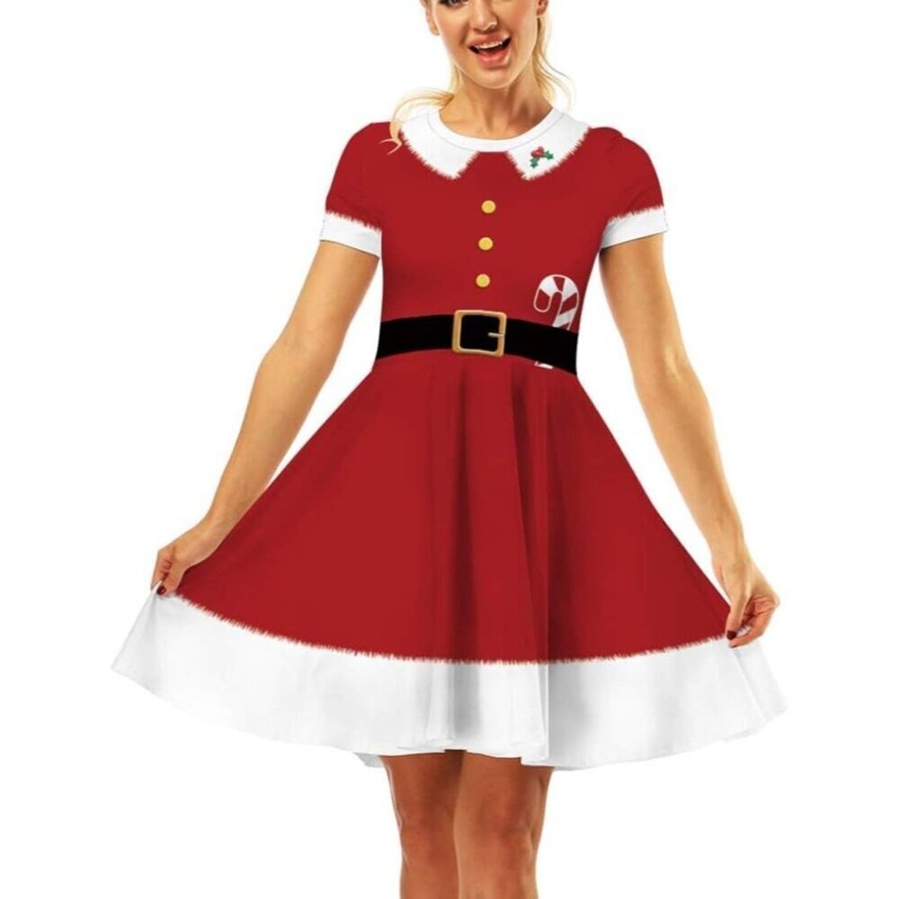 Women Ugly Christmas Santa Dress Red White 2 Santa Holiday Print Dress for Xmas